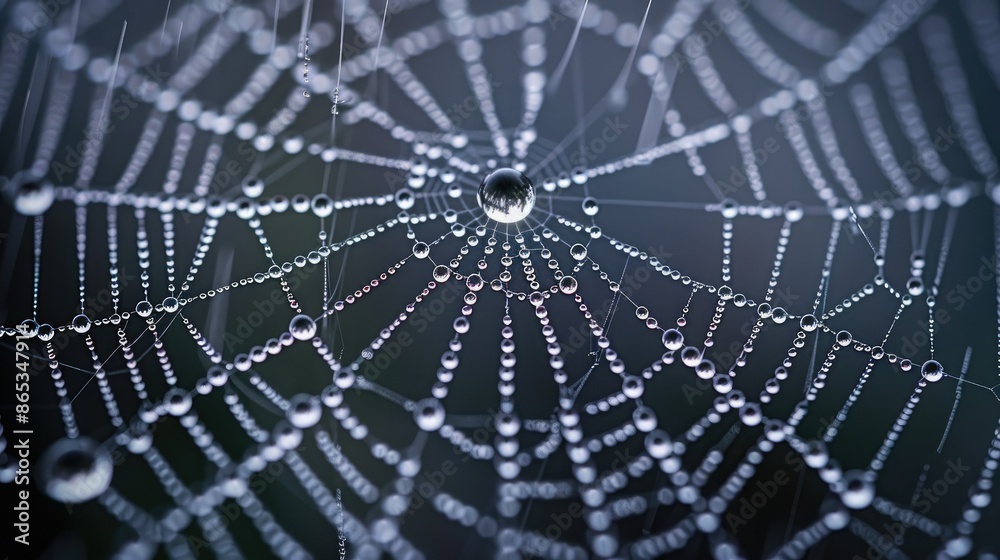 Obraz premium A close-up of water droplets on a spider web, highlighting precision and intricacy