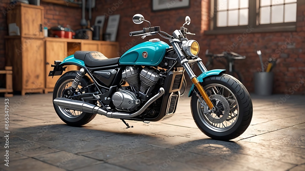 A teal motorcycle parked in a garage with a brick wall. A teal motorcycle parked in a garage with a brick wall.