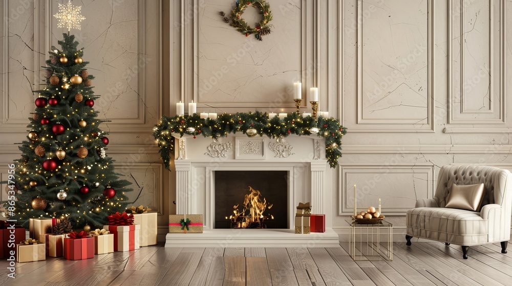 Rendering of modern white living room with Christmas tree decoration and fireplace Rendering of modern white living room with Christmas tree decoration and fireplace