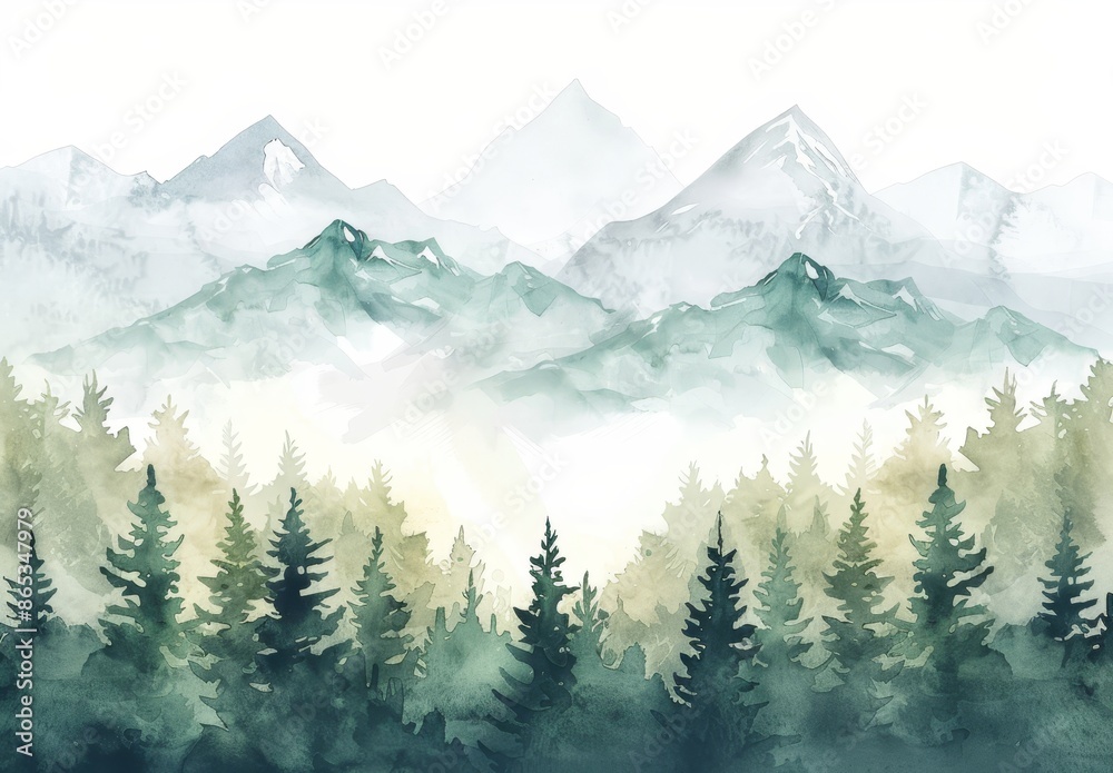 Fototapeta premium Mountainous and spruce-forested watercolor winter landscape.