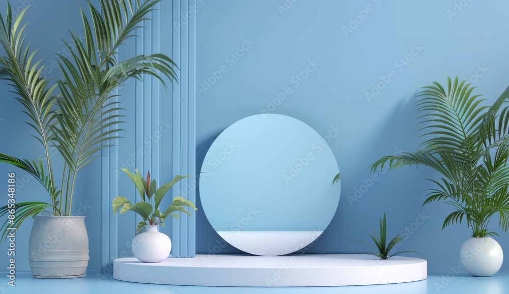 Product presentation podium mock up, blue background, 3D render Product presentation podium mock up, blue background, 3D render