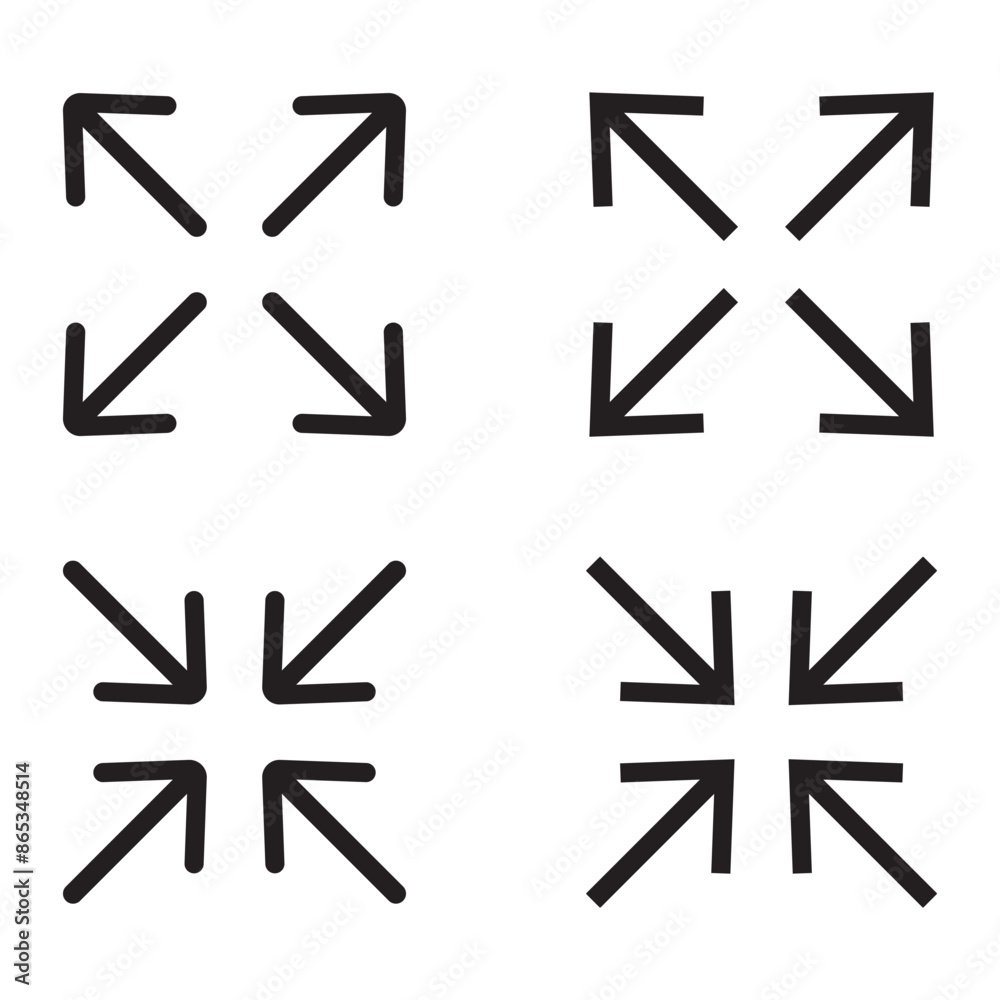Full screen and exit full screen icon set. Full screen and exit full screen icon set. Arrow mark icons. Scalability icons in flat style for web site, UI, mobile app. Full screen and exit full screen icon set. Full screen and exit full screen icon set. Arrow mark icons. Scalability icons in flat style for web site, UI, mobile app.