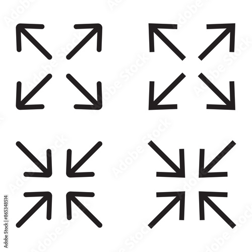 Full screen and exit full screen icon set. Full screen and exit full screen icon set. Arrow mark icons. Scalability icons in flat style for web site, UI, mobile app.
