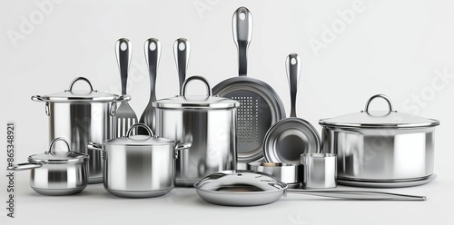 A set of stainless steel pans and pots isolated on white background. photo