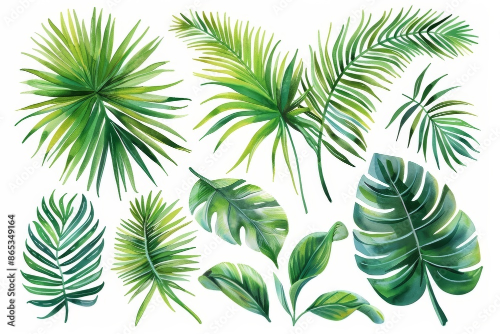 On a white background, watercolor wreath with tropical leaves and branches. On a white background, watercolor wreath with tropical leaves and branches.