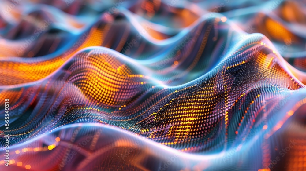 The streaming of cyber data, the implementation of digital neural networks, and a 3D illustration of an open source surface with wavy waves The streaming of cyber data, the implementation of digital neural networks, and a 3D illustration of an open source surface with wavy waves