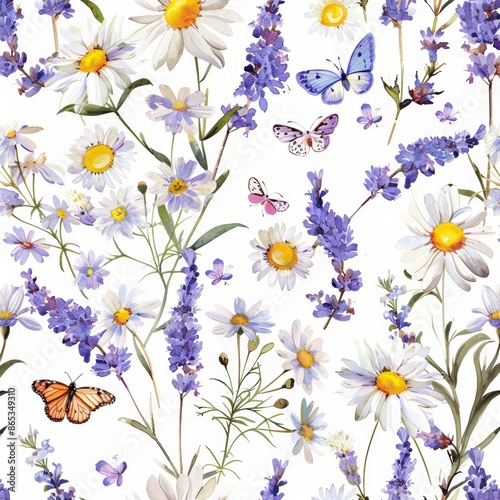 Flowing wildflowers and butterflies watercolor seamless pattern.