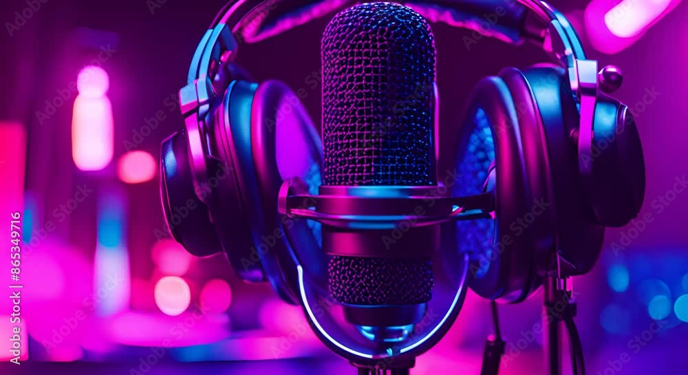 A close up of a microphone and headphones for podcasting or ASMR sounds on black stand in a neon led lighting cyan and magenta in a sound recording studio 4k