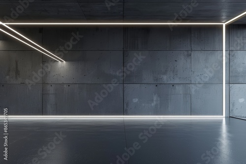 Interior of a dark grunge-styled concrete exhibition hall. 3D rendering.