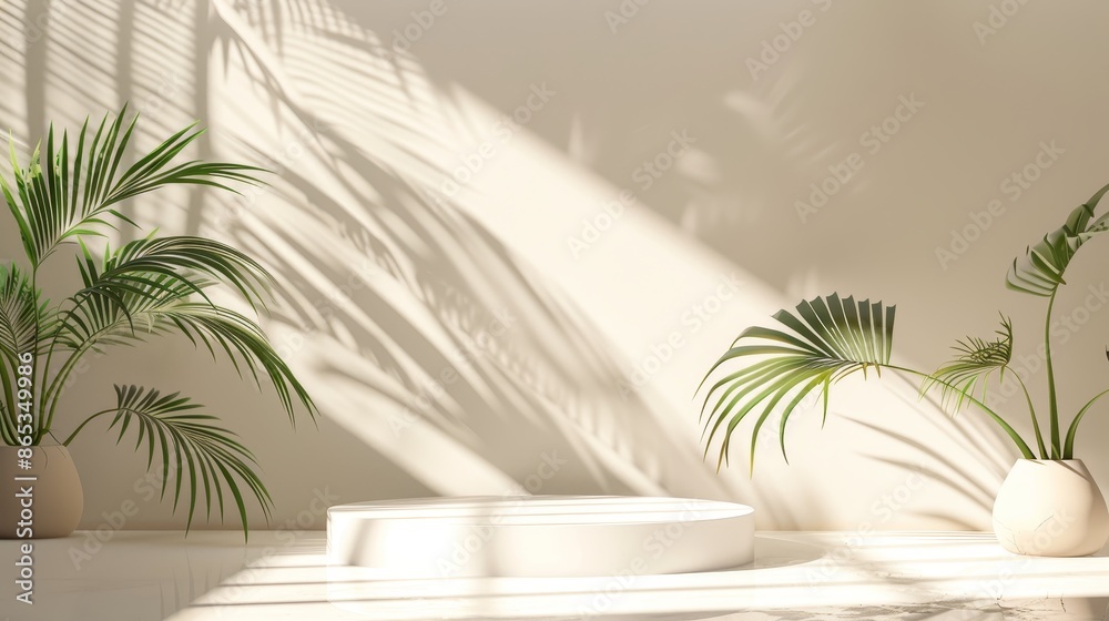 White minimal counter podium, soft sunlight, tropical palm leaf shadow on wall for luxury organic cosmetic, skincare, beauty treatment products. White minimal counter podium, soft sunlight, tropical palm leaf shadow on wall for luxury organic cosmetic, skincare, beauty treatment products.