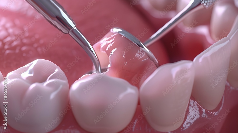 3D illustration of dental plaque on a model and dentist tools. 3D illustration of dental plaque on a model and dentist tools.