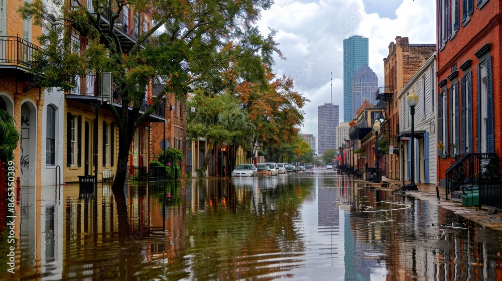 Fototapeta premium Deserted urban cityscape with submerged structures due to catastrophic rainfall - water damage, urban flooding, disaster