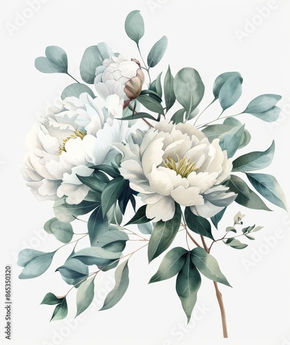 Modern watercolor flowers. White roses and eucalyptus branches. Wedding stationary, greetings, wallpaper, fashion, home decoration. Hand painted illustration.