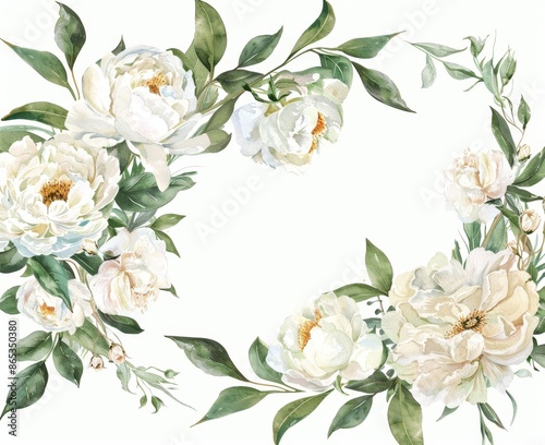 Floral banner with white roses and eucalyptus branches in watercolor. Ideal for wedding stationary, greeting cards, wallpaper, fashion, or home décor.