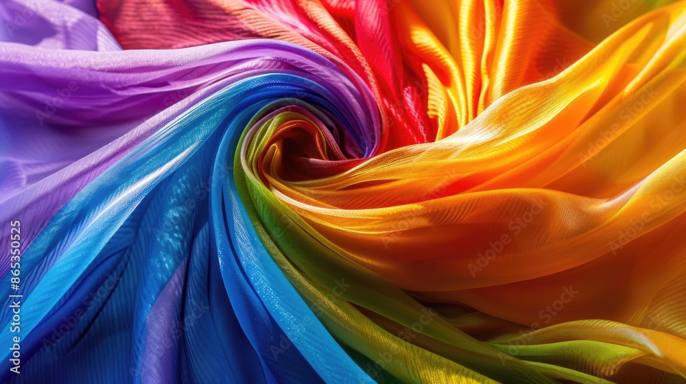 Rainbow colored fabric in spiral swirls. Rainbow colored fabric in spiral swirls.