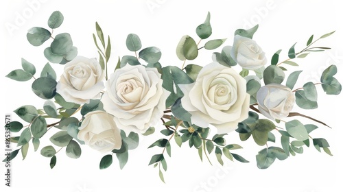 A watercolor floral bouquet of white roses and eucalyptus branches. A floral arrangement for weddings, greetings, wallpapers, fashion, fabrics, or home decor.