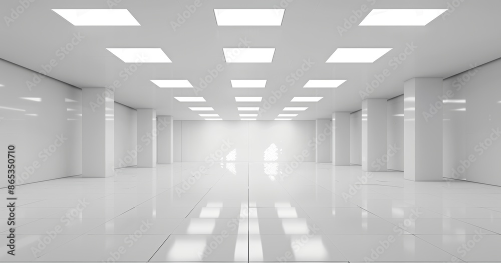 Obraz premium A huge white room with a reflective floor and square lights on the ceiling. 3D rendering
