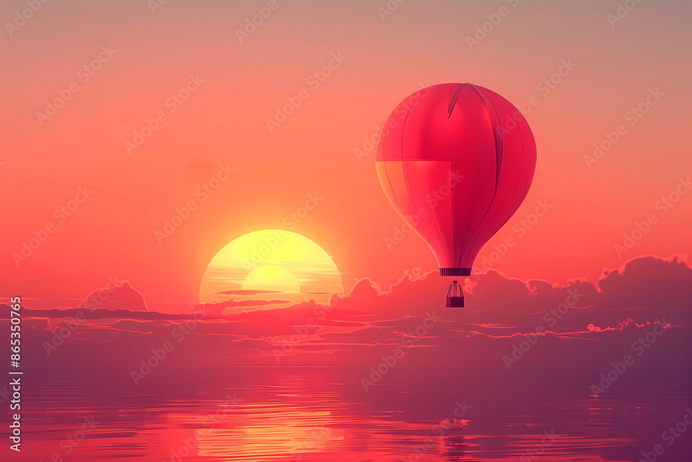 Fototapeta premium Hot air balloon flying at sunset over ocean, adventure concept