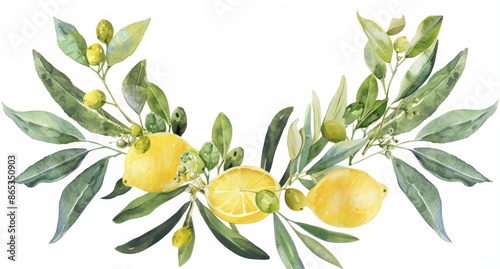 Clip art illustration of a citrus and olive wreath. Modern illustration in watercolor. Clipart illustration for greeting cards, decorations, invitations, stationary. photo