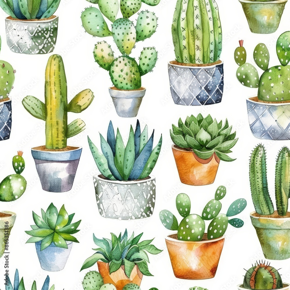 Fototapeta premium A watercolor seamless pattern of succulent plants on a white background.