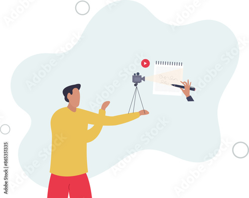 Video script and screenplay text writing work for movie.Shooting scene paper instructions and scenario document for television..flat illustration.