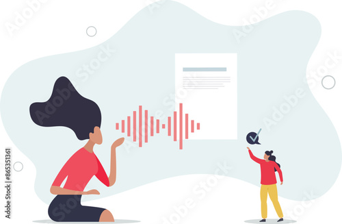 AI transcription software as speech into text transcript. Talking language conversion to written document.flat illustration.