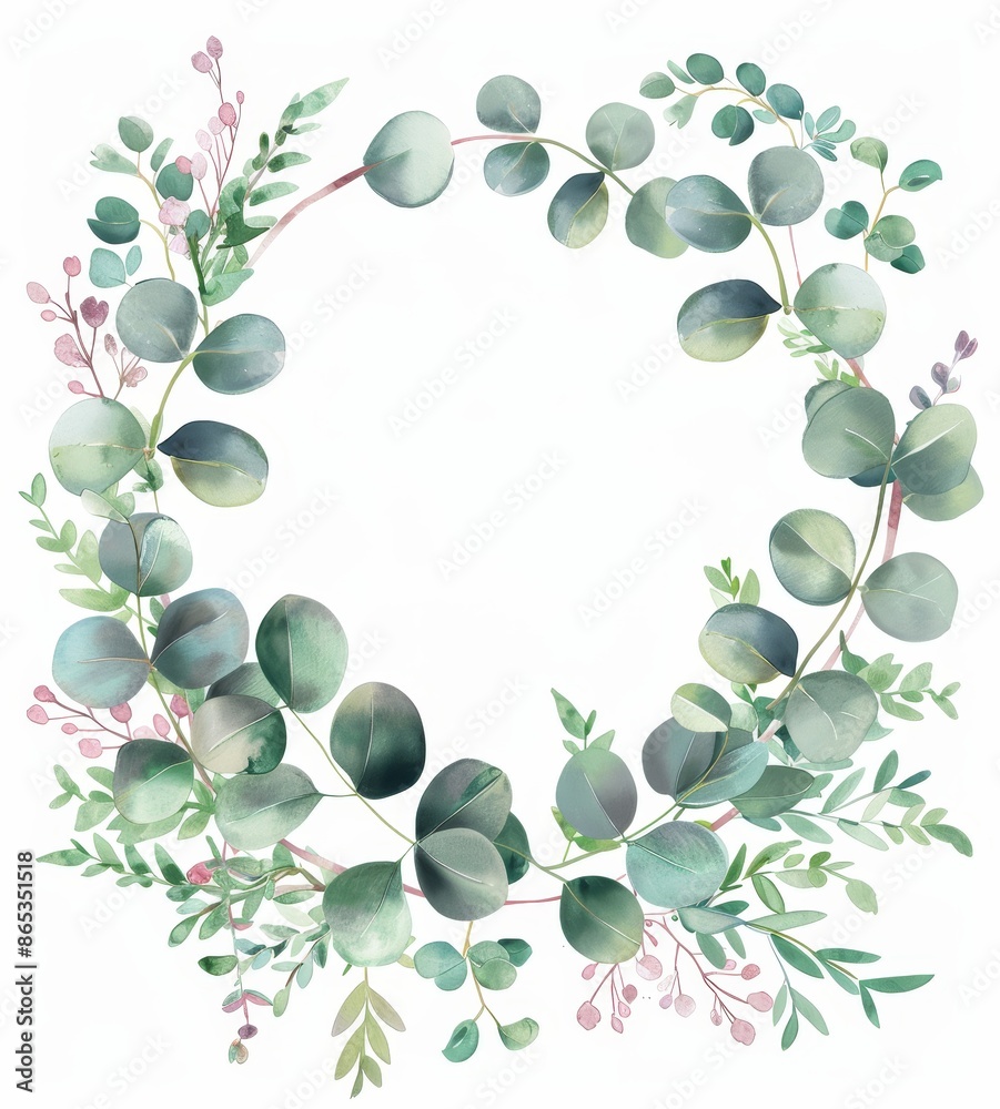 Branches and green eucalyptus leaves surround a watercolor modern wreath. Branches and green eucalyptus leaves surround a watercolor modern wreath.
