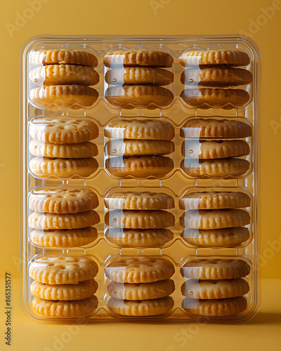 Food photo for advertising of a ten pieces of oatmeal biscuits stand in a one row one after another in a transparent rectangular plastic tray floated in the air isolated on solid yellow background. photo