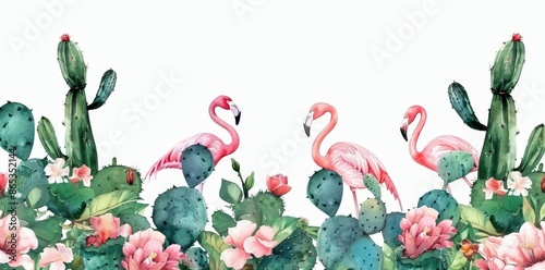Isolated watercolor tropical flowers, flamingos and cacti on white background. photo