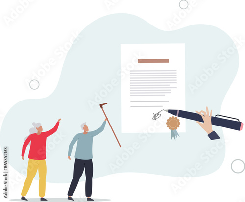 Pensioner retirement document about wealth inheritance with official document and official testamentary .flat illustration.