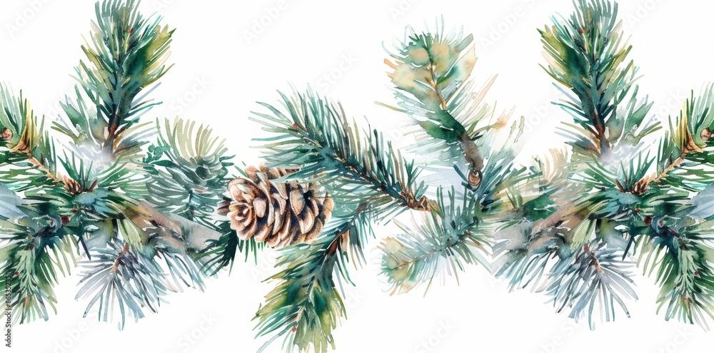 A modern Christmas garland made in watercolor with fir branches and a place for text. A modern Christmas garland made in watercolor with fir branches and a place for text.