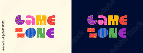 Game zone abstract decorative concept logo. Modern colorful graphic shapes letters for gamer kids playroom advertising. Children fun and play activity place trendy creative sign. Cartoon style badge