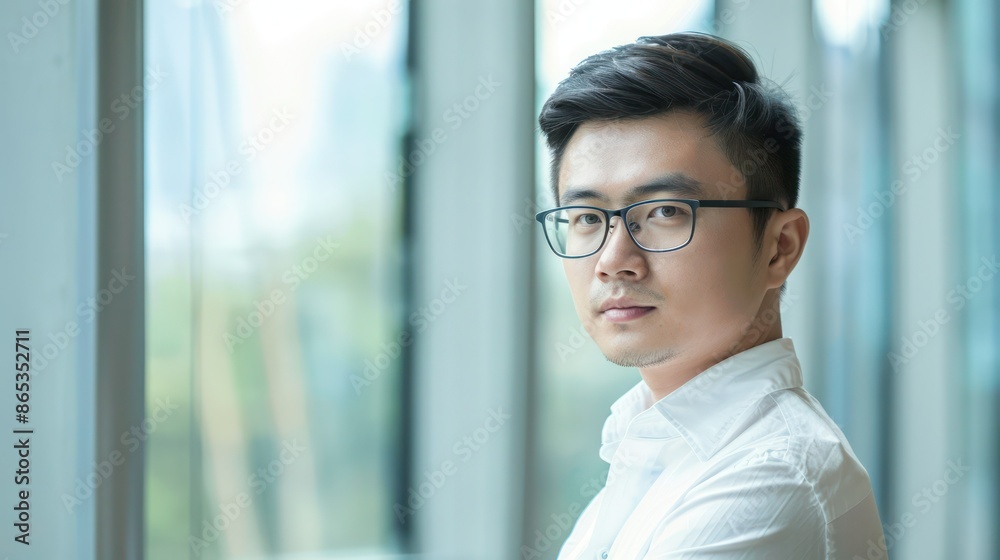 Handsome 35 years old gentle Chinese Han man, wearing glasses, formal slick hairstyle, smooth face in a modern office building, wearing white shirt, beside a huge window. Handsome 35 years old gentle Chinese Han man, wearing glasses, formal slick hairstyle, smooth face in a modern office building, wearing white shirt, beside a huge window.