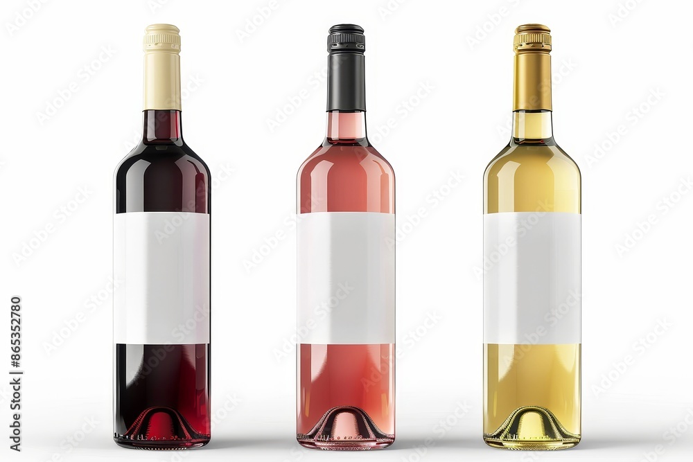 An isolated mockup of white, red and rose wine bottles on white. 3D renderings. An isolated mockup of white, red and rose wine bottles on white. 3D renderings.