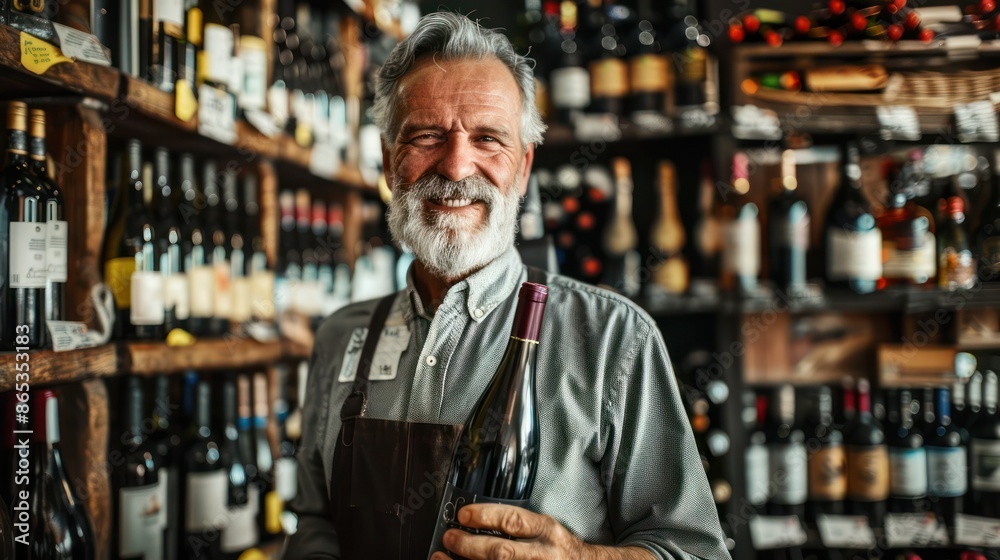 Wine merchant showing a bottle of red wine in middle of his shop. Wine merchant showing a bottle of red wine in middle of his shop.