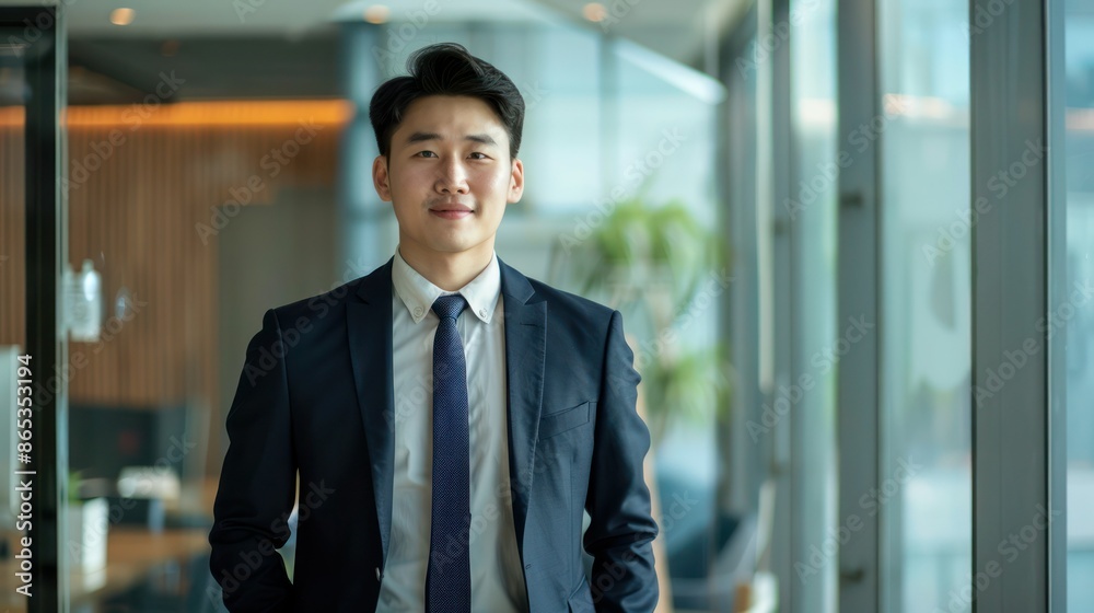 Smiling elegant confident young professional Korean business man , male proud leader, smart Asian businessman lawyer or company manager executive looking at camera standing in office. Smiling elegant confident young professional Korean business man , male proud leader, smart Asian businessman lawyer or company manager executive looking at camera standing in office.