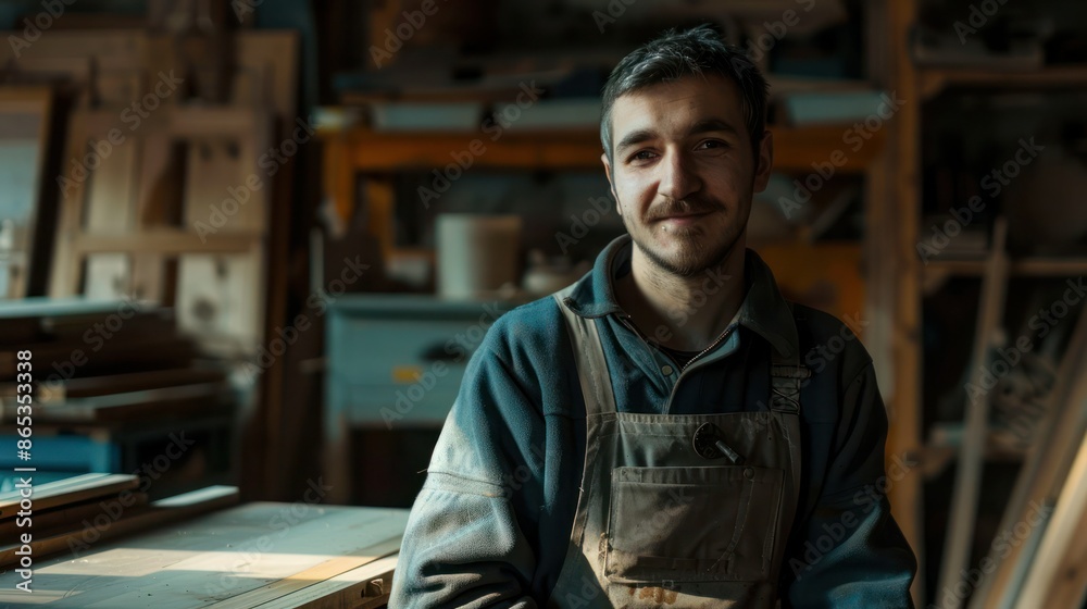 Obraz premium Young happy man cabinetmaker working with wood pieces in his workshop.