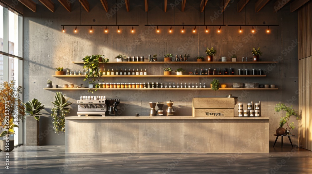 Step into a chic downtown coffee spot with clean lines, high-end java ...