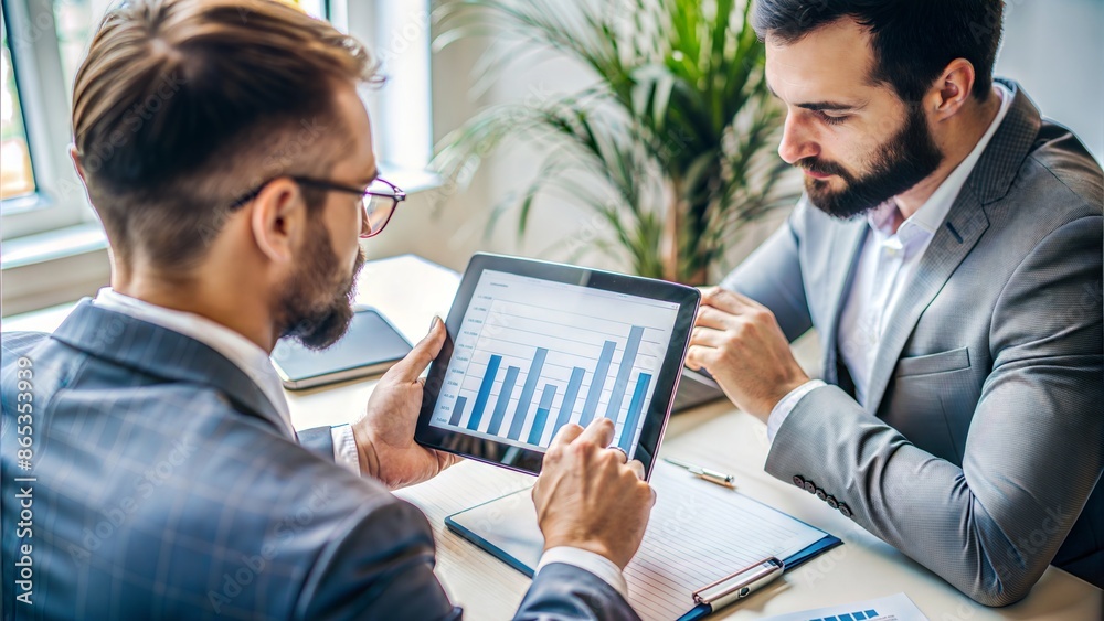 A duo of coworkers, one holding a tablet and the other pointing at a graph, reviewing a budget plan.
A duo of coworkers, one holding a tablet and the other pointing at a graph, reviewing a budget plan.