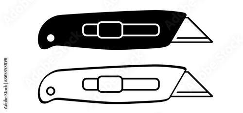Work knives. Cartoon cutter knife. retractable blade or knife. Paper or cardboard cutter. Work, school tools. Retractable blades concept. Utility knife or jackknife. Spare blade for cutter.