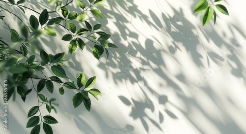 An organic cosmetic, skincare, beauty product background with dappled sunlight reflecting off a tropical tree branch on a pastel turquoise blue green wall for modern interior design decoration.