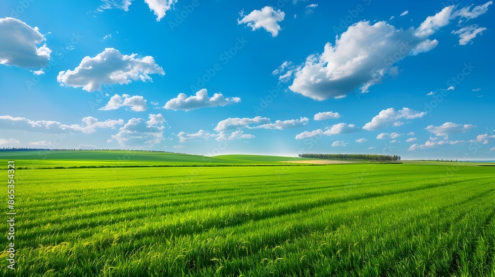 Lush Green Meadow Under Bright Blue Cloudy Sky in Scenic Countryside Landscape Lush Green Meadow Under Bright Blue Cloudy Sky in Scenic Countryside Landscape