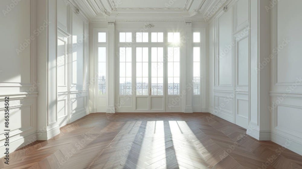 White walls, two windows, white ceiling and cornice, glossy herringbone parquet flooring, and white plinth. Beautiful interior concept. 3D illustration, 7680x4320, 300 dpi. White walls, two windows, white ceiling and cornice, glossy herringbone parquet flooring, and white plinth. Beautiful interior concept. 3D illustration, 7680x4320, 300 dpi.