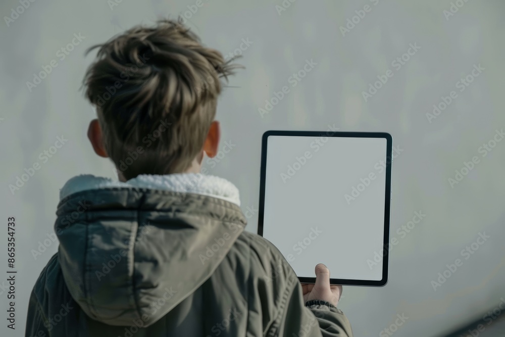 Ui mockup through a shoulder view of a teen boy holding a tablet with a completely grey screen Ui mockup through a shoulder view of a teen boy holding a tablet with a completely grey screen