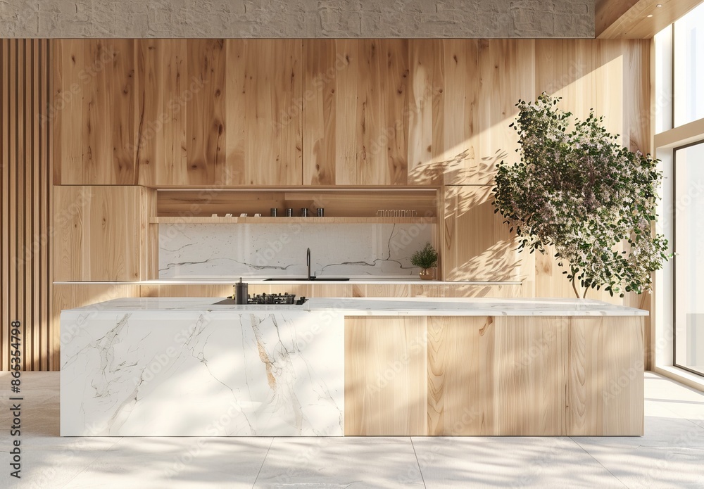 Designed in 3D, this modern luxury contemporary style u shape kitchen counter has a wooden cabinet with white marble top and a long wooden window looking out to nature Designed in 3D, this modern luxury contemporary style u shape kitchen counter has a wooden cabinet with white marble top and a long wooden window looking out to nature