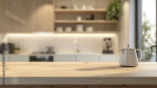 The countertop of a kitchen island with a coffee set against a modern kitchen background