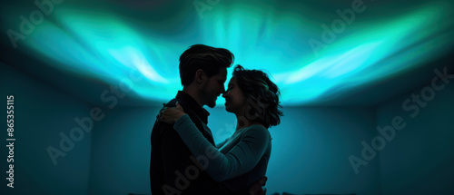 A couple feeling love and wonder while dancing under an aurora borealis in their living room, Wonder, Aurora Borealis Dance