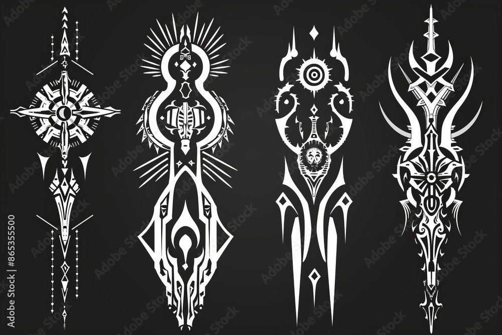 Modern set of Cyber Sigilism Tattoo Shapes, abstract Neo-Tribal elements with sharp spikes. Gothic abstract patterns for streetwear, typography, t-shirts. Acid y2k Neo-tribal shapes. Modern set of Cyber Sigilism Tattoo Shapes, abstract Neo-Tribal elements with sharp spikes. Gothic abstract patterns for streetwear, typography, t-shirts. Acid y2k Neo-tribal shapes.
