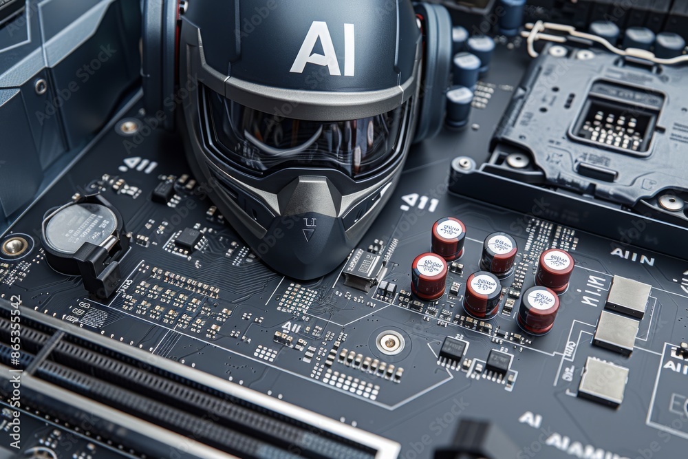 Fototapeta premium Close up of AI microchip on a circuit board, highlighting technological innovation and high tech advancements in computing