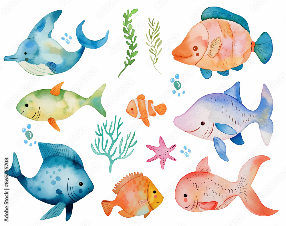 Fototapeta premium Watercolor set of cute fish and underwater animals for cute baby design